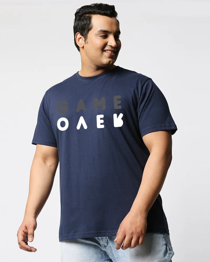 bewakoof Men's Blue Game Over Minimal Graphic Printed Plus Size T-shirt